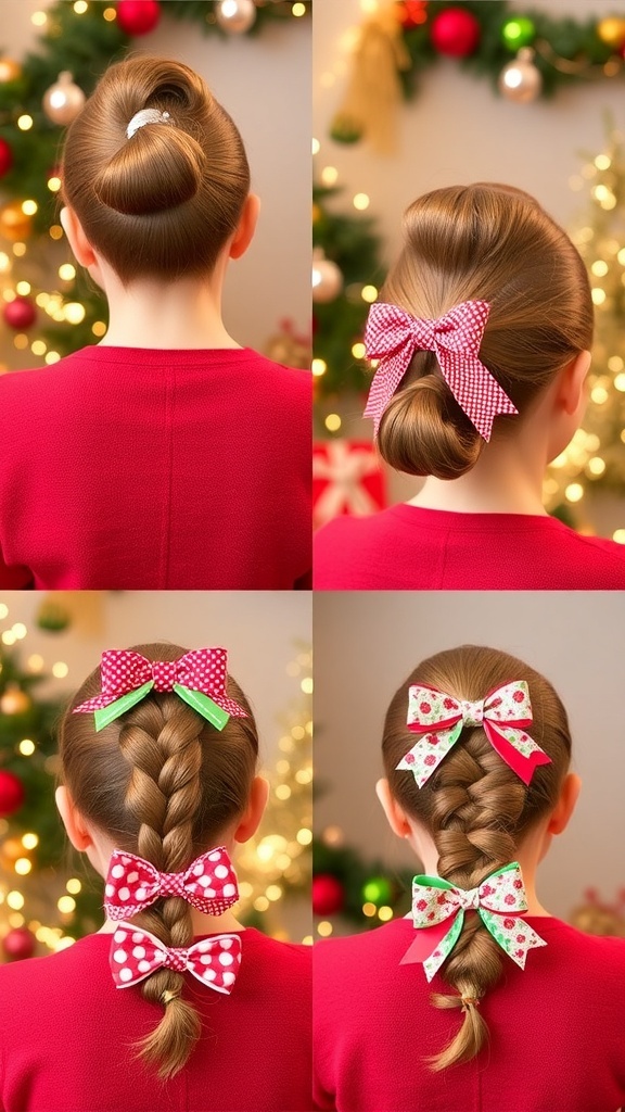 Various Christmas hairstyles with bows, including a bun, half-up style, ponytail, and braid, decorated for the holiday season.